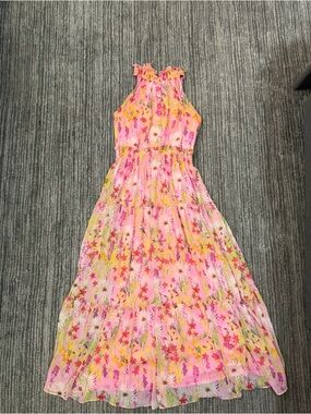 Taylor Pink Floral Halter Maxi Dress with Yellow & Green Accents